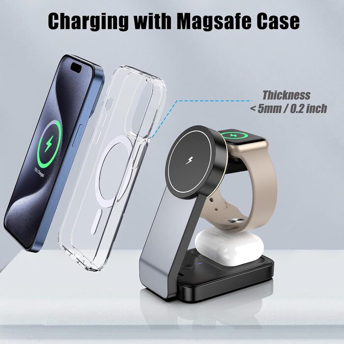 Бездротовий зарядний пристрій MagSafe 3-в-1 15W для iPhone 16/15/14 Pro Max, Apple Watch (iWatch 10/SE/9) та AirPods Pro - Чорний