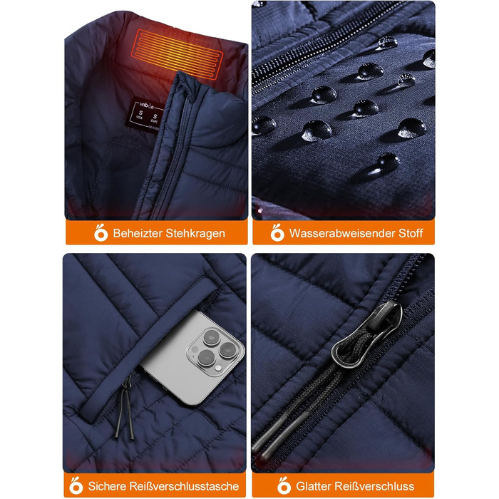 Обогреваемая жилетка UNBON для мужчин и женщин с Powerbank 10000mAh USB, 3 режима нагрева, 6 зон обогрева, жилетка-куртка с аккумулятором (M, Синий)