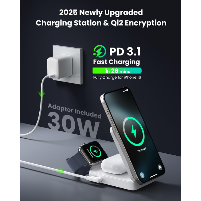 3-в-1 Бездротовий зарядний пристрій: Inductive Qi2, MagSafe, для iPhone 16/15/14/13/12, Apple Watch, AirPods (білий)