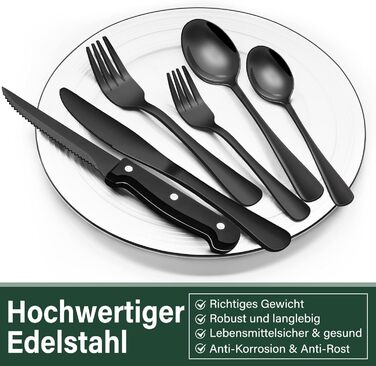 Cutlery Set 6 Persons Black, 36-Piece Stainless Steel Cutlery Set with Steak Knives, Dining Cutlery Set with Knife Fork Spoon, Elegant Tableware for Restaurant/Party, Dishwasher Safe