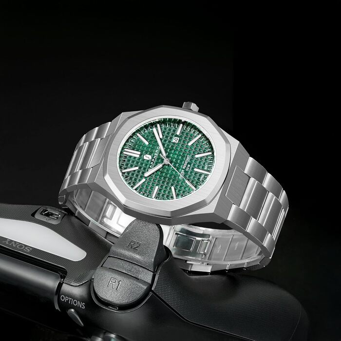 Годинник SAPPHERO для чоловіків з нержавіючої сталі, 50M водостійкий, класичний аналоговий кварцовий годинник з календарем. Елегантний подарунок для чоловіків (срібний браслет/зелене циферблат)