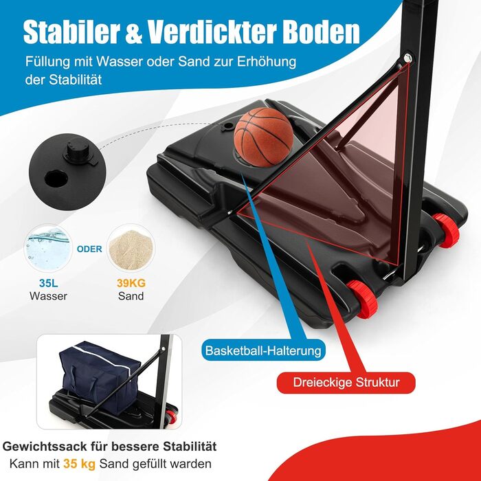 Баскетбольний кошик GOPLUS Outdoor з регульованою висотою 105-260 см, на стійкій підставці з колесами, для дітей та юнаків