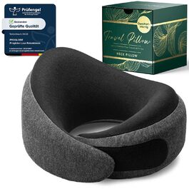Подушка для подорожей Proglobe Luxe з піни Memory Foam (чорний). Комфортна подушка під шию для літаків з підставкою під підборіддя, компресійним мішком.