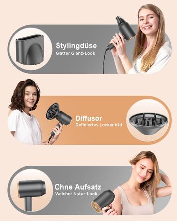 Іонний фен з насадкою-дифузором DEWILY 1800W, Швидке сушіння, Кнопка холодного/гарячого повітря, Термостат, 3 температури, 2 швидкості, Концентратор, Фен для локонів (Чорний+Золотий)