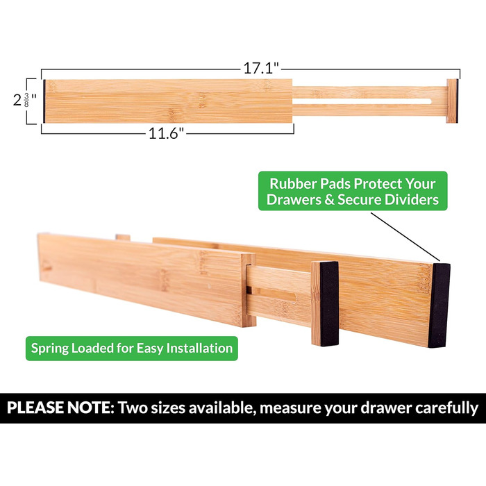 Bamboo Drawer Dividers for Kitchen - Organizational Set of 4 - Spring-Loaded Adjustable & Expandable Drawer Organization