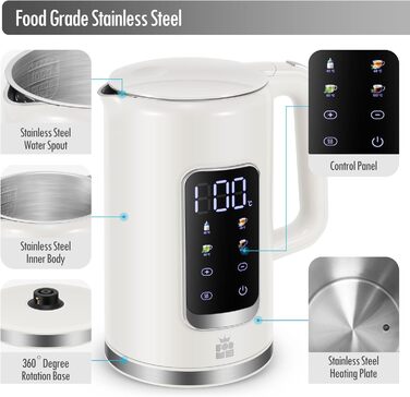 Електричний чайник ForMe з нержавіючої сталі, 1.7 л, регулювання температури 40-100°C, LED дисплей, функція підтримання тепла, BPA Free, білий