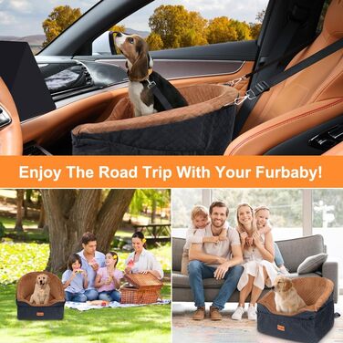 Elevated Dog Car Seat - Washable & Removable for Small & Medium Dogs (Up to 13.6KG) with Storage Pockets & Safety Belt - Black & Brown