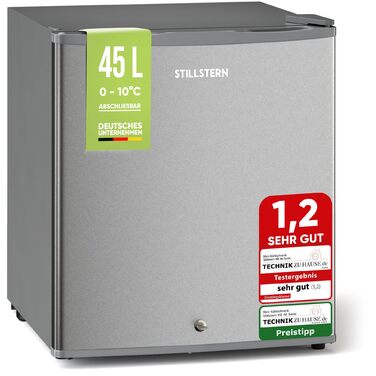 Міні-холодильник Stillstern E 45 л з автоматичною відтавкою, замком, морозильною камерою, тихий, для кухні, офісу, спальні, готелів та маленьких квартир. Холодильник міні, мінібар R600A, срібний