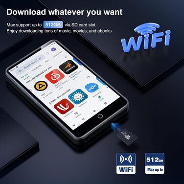 MP3-плеєр ZAQE 80GB Bluetooth WiFi Android Spotify MP4 для дітей (Чорний)