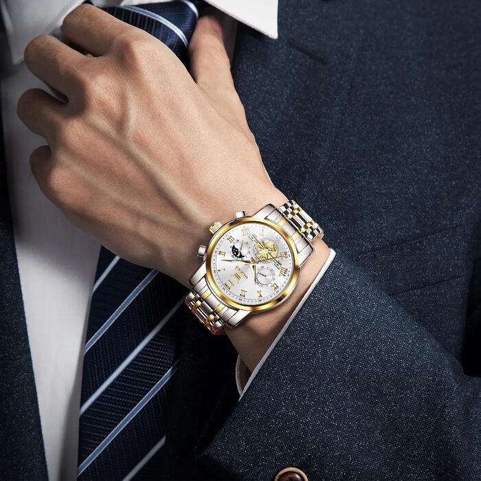 Годинник чоловічий OLEVS B1 з хронографом, водонепроникний, кварцовий, стильний, біле циферблат, золотисто-сріблястий браслет