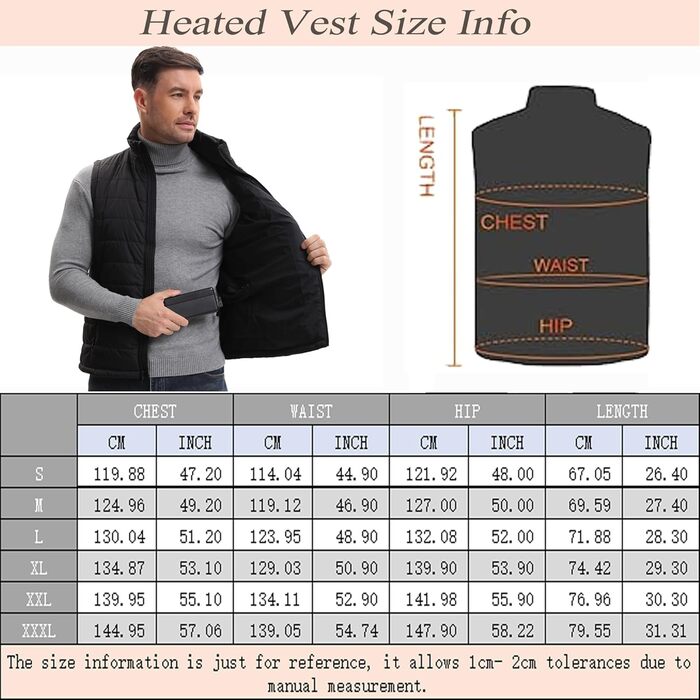 Обогріваючий жилет для чоловіків та жінок з акумулятором, 13 зон обігріву, 3 режими температури, чорний, L