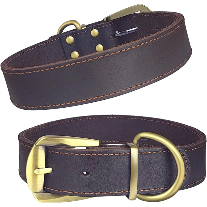 Нашийник для собак з натуральної шкіри, великий розмір (XL), міцний нашийник з латунною застібкою та D-подібним кільцем