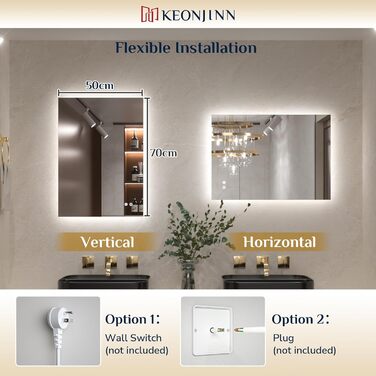 Дзеркало для ванної кімнати Keonjinn з підсвічуванням 60 см, антизапарююче покриття, сенсорний вимикач, пам'ять налаштувань, 3 кольори світла, регульована яскравість, LED, без рамки, 70 x 50 см