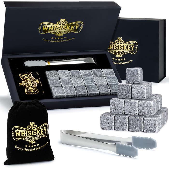 Набір для віскі WHISISKEY: 18 каменів та щипці - подарунок для чоловіка, аксесуари для віскі, багаторазові кубики льоду