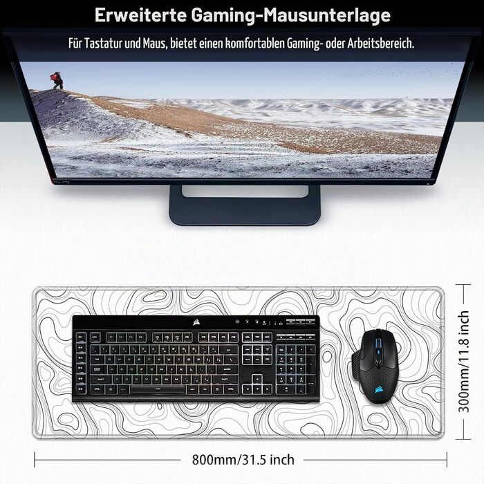 Ігровий килимок для миші Abetcabe Gaming Mauspad XXL, підкладка на стіл 900 x 400 мм, чорний (дизайн Topographisch, білий)