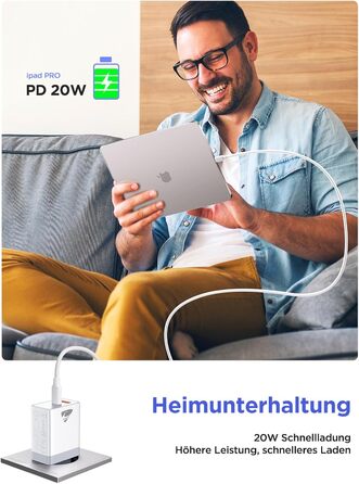 Подвійний зарядний пристрій USB-C 20W PD 3.0 з кабелем 2м, білий (2 шт.)