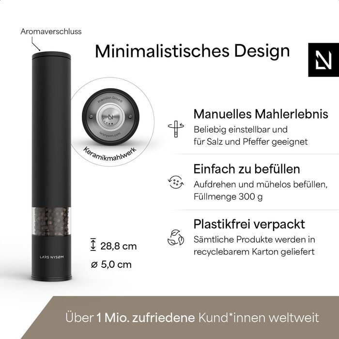 Мельниця для перцю LARS NYSØM ручна велика (28,8 см) з регульованим керамічним млинком | Мельниця для солі та перцю | 1 шт. (Carbon Black) XL | Окрема мельниця