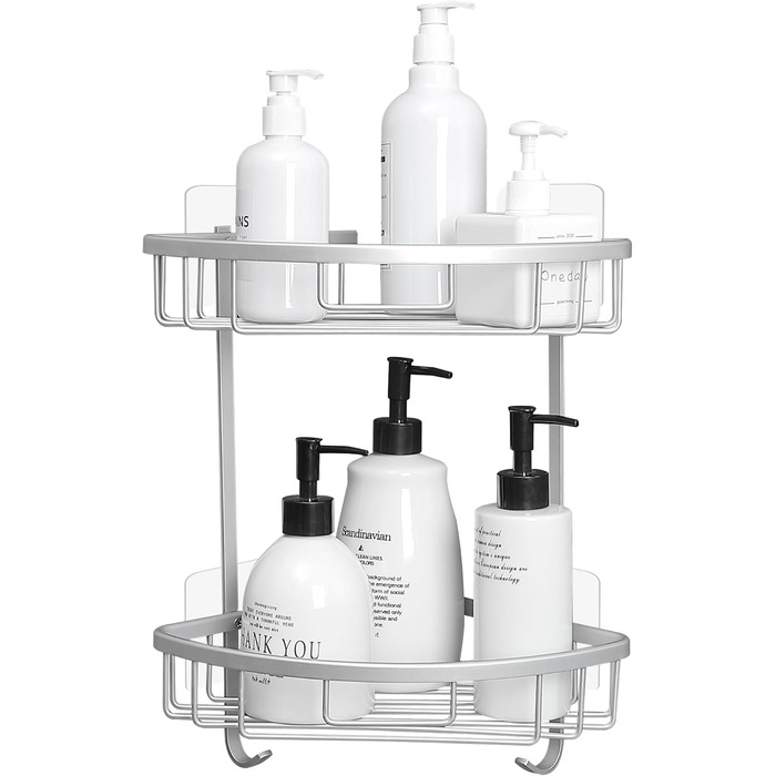 Поличка для душу Gricol Eck-Duschregal без свердління, металева, кутова, з 2 гачками, для ванної кімнати, срібна