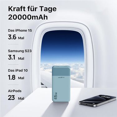 Power Bank JUOVI J2621, 20000mAh, 45W, для Switch, MacBook, iPhone, Samsung, Steam Deck та інших пристроїв (блакитний)