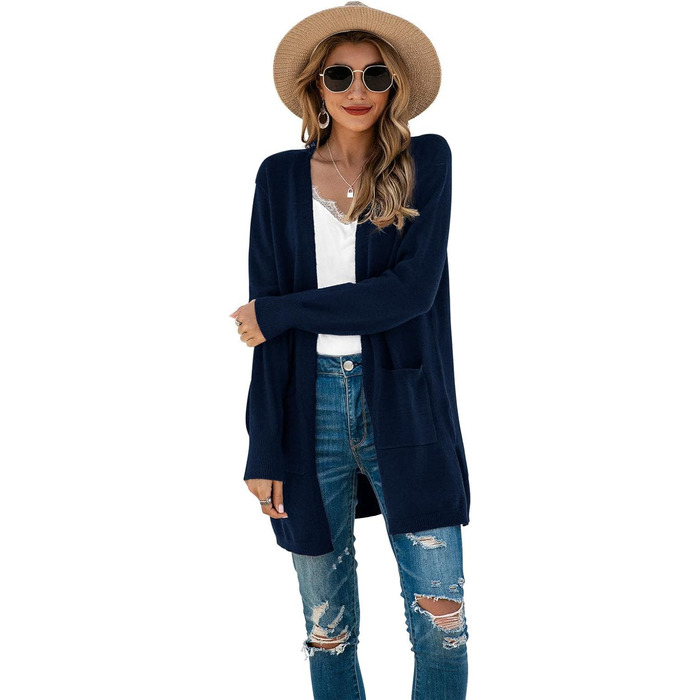 Кардиган жіночий Saodiallsu з довгим рукавом, однотонний, з кишенею (темно-синій, L)