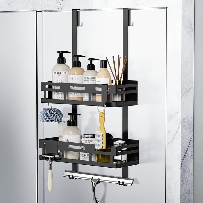 Reading Tour Shower Shelf 0n Drilling Black, Hanging Shower Shelf for Glass Shower Doors, Hanging Shower Shelf with 2 Shower Baskets, 4 Fixed Hooks, 1 Glass Wiper Hook, and 2 Movable Hooks Equipped