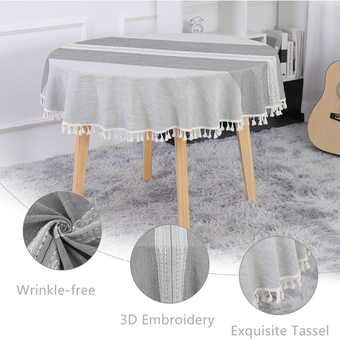 SUCHDECO Linen Tablecloth Round 140 cm Washable Cotton Tablecloth Wrinkle-Free Dustproof with Tassels Strip Embroidery for Kitchen, Dining Room, Dining Table, Coffee Table, Garden Table, Grey