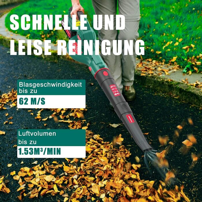 HYECHO Leaf Blower, 223 km/h Leaf Blower Battery 18V 4000mAh, with 3 inflation nozzles, Ergonomic, Operating weight 1.93Kg for cleaning leaves, removing dust