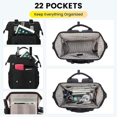 LOVEVOOK Рюкзак для жінок, 18 дюймів, водонепроникний, рюкзак для подорожей, ручна поклажа, чорний з кишенею для кабелю, відділенням для ноутбука, рюкзак на день для школи, університету, бізнесу та подорожей, 18 дюймів, чорний