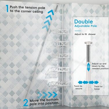 Кутовий телескопічний поличний органайзер для душу Bomclap з 5 кошиками, металевий, регульована висота 106-287 см, для ванни та душу, без свердління, білий