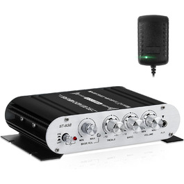 HiFi аудіо підсилювач 2.1-канальний ST-838, стерео, клас D, 20Вт×2+40Вт, з сабвуферним виходом, міні цифровий підсилювач, AUX, для дому та авто, чорний/сріблястий, з адаптером живлення