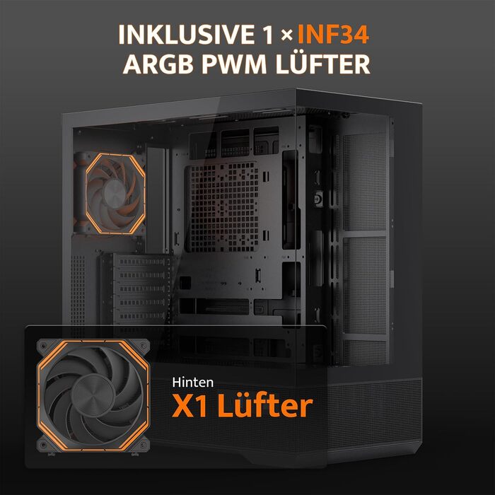 Ігровий корпус darkFlash LAND451 Midi Tower ATX, підтримка BTF-материнських плат, вертикальна установка відеокарти (до RTX 5090), Type-C, підтримка 2x360мм СРО, панорамний дизайн, чорний