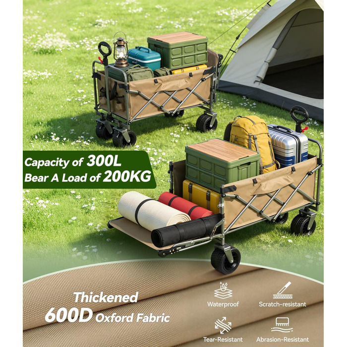 Універсальний складаний візок Bollerwagen 300L (до 200 кг) для пляжу, кемпінгу, транспорту, собак. З захистом від дощу, тримачем для напоїв та світловідбиваючими смугами