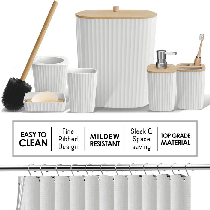 Набір аксесуарів для ванної кімнати Clara Clark 20 предметів, білий: штора для душу, туалетний йоржик, кошик для сміття, дозатор для мила