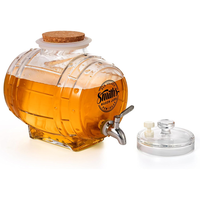 Smiths Mason Jars 5L Refrigerator Water Dispenser with Steel Tap and Glass Lid - Easy pouring with metal tap and space-saving design - ideal for infused waters and juices