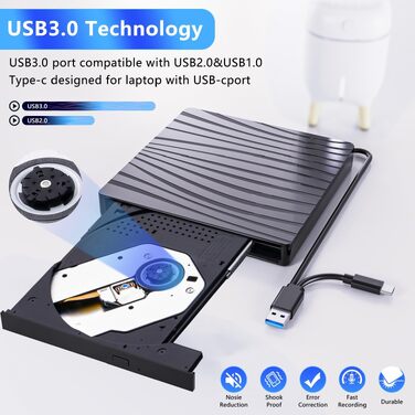 Зовнішній DVD-накопичувач USB 3.0 та Type-C, портативний CD/DVD +/-RW записувач для ноутбука, ПК, MacBook, iMac (Windows, macOS, Linux), чорний