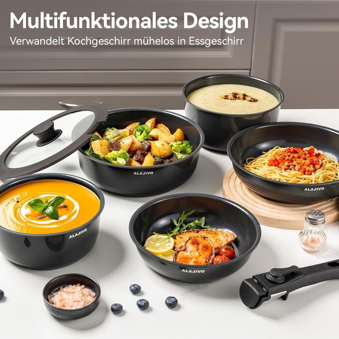 Набір посуду 17 предметів з знімним ручками, антипригарне покриття, для всіх типів плит, включаючи індукційні, сумісний з духовкою (темно-сірий)