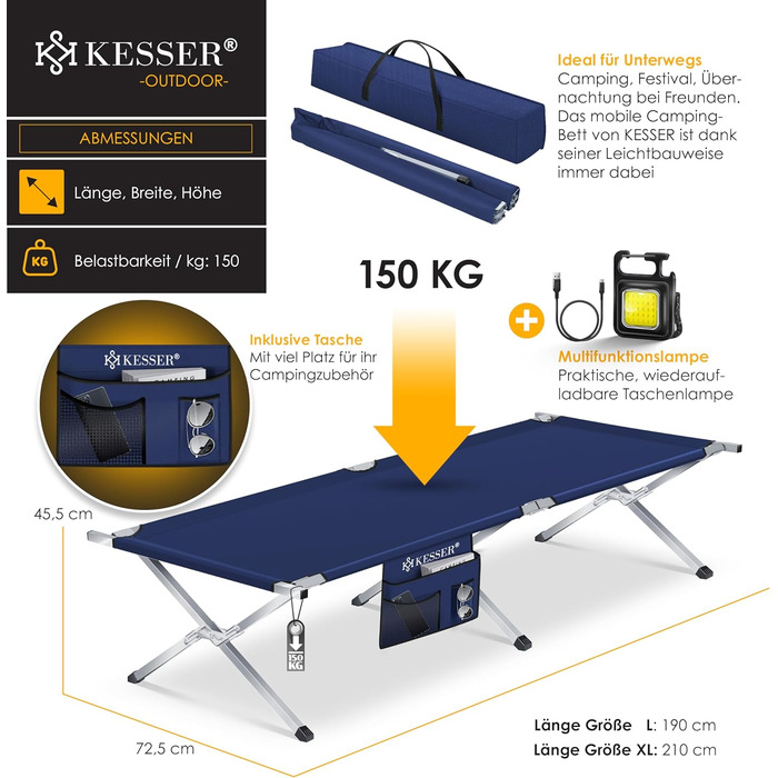 Ліжко туристичне розкладне KESSER® 210 см з сумкою, ліхтарем та кишенями, синій. Витримує 150 кг, сталевий каркас, 600D Oxford