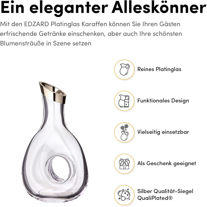 EDZARD Decanter Carafe Gordon, mouth-blown crystal glass with platinum rim, wine decanter for red wine, height 30 cm, capacity 1.2 liters