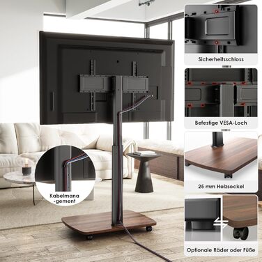AOKCOS Rolling TV Stand with Wood Shelf - Adjustable Height & Swivel - Fits 43-75 Inch TVs (up to 50kg) - VESA 600x400mm - White+Natural (Black+Vintage Brown)