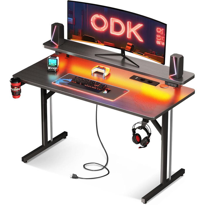 Small LED Gaming Desk with Power Outlets - Carbon Fiber PC Gamer Table 80cm/100cm