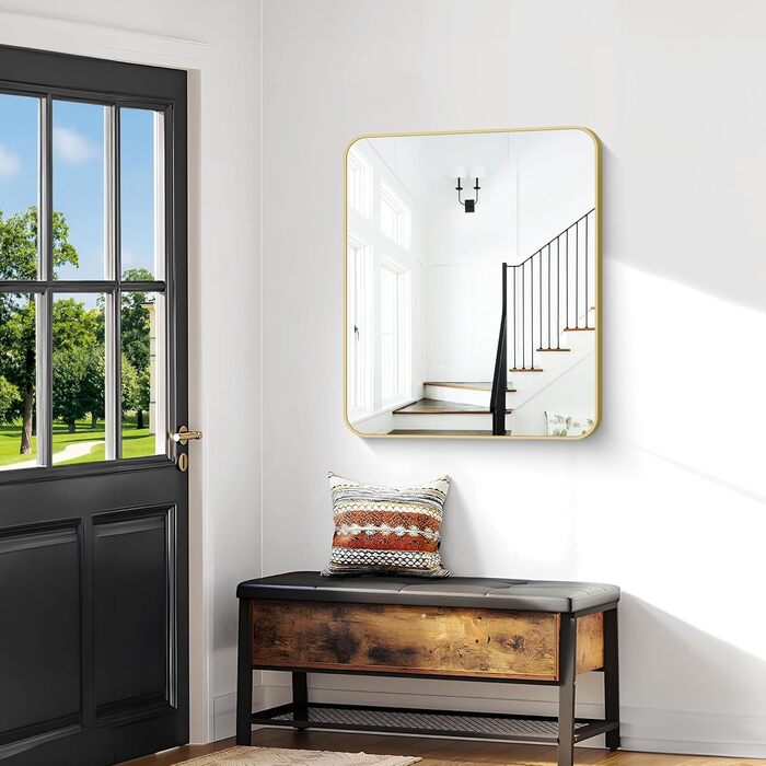 Дзеркало для ванної кімнати BONEWEI, 61 x 121,9 см, прямокутне, для кріплення на стіну, з рамою, косметичне дзеркало з округлими кутами, для спальні, вітальні, передпокою, горизонтальне (Золотий, 91.4L x 76.2B см)