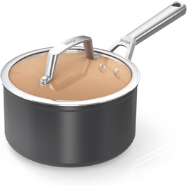 Ninja CW90218UK Ceramic Cookware Pot with Lid, non-stick coated (PFOA, PFA, lead, and cadmium-free), induction compatible, stainless steel handle, oven-safe up to 285°C, terracotta and grey 18 cm saucepan
