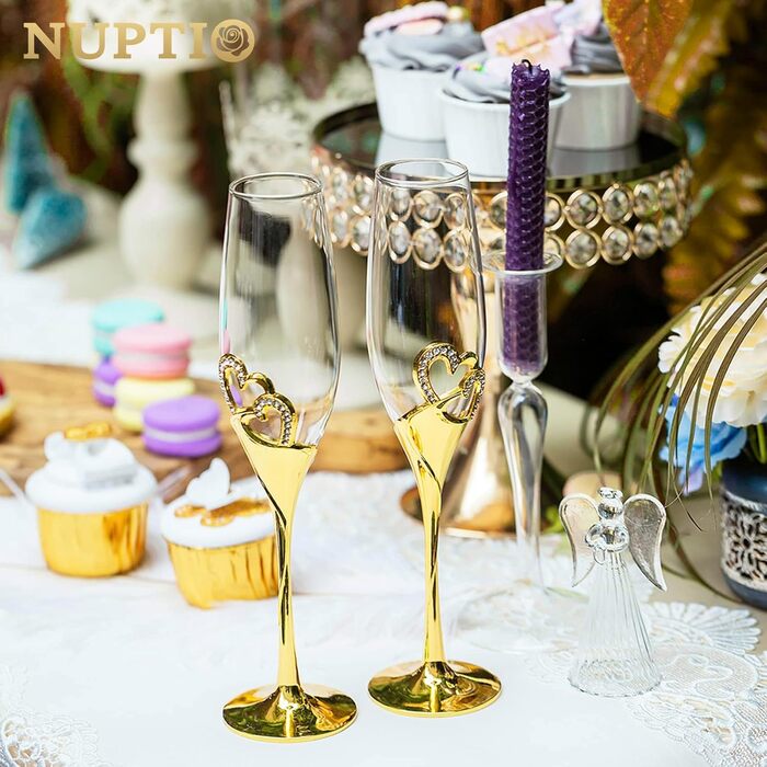 Кришталеві келихи для шампанського NUPTIO: 2 шт. для весілля, ювілею, подарунок нареченій та нареченому, золотий колір