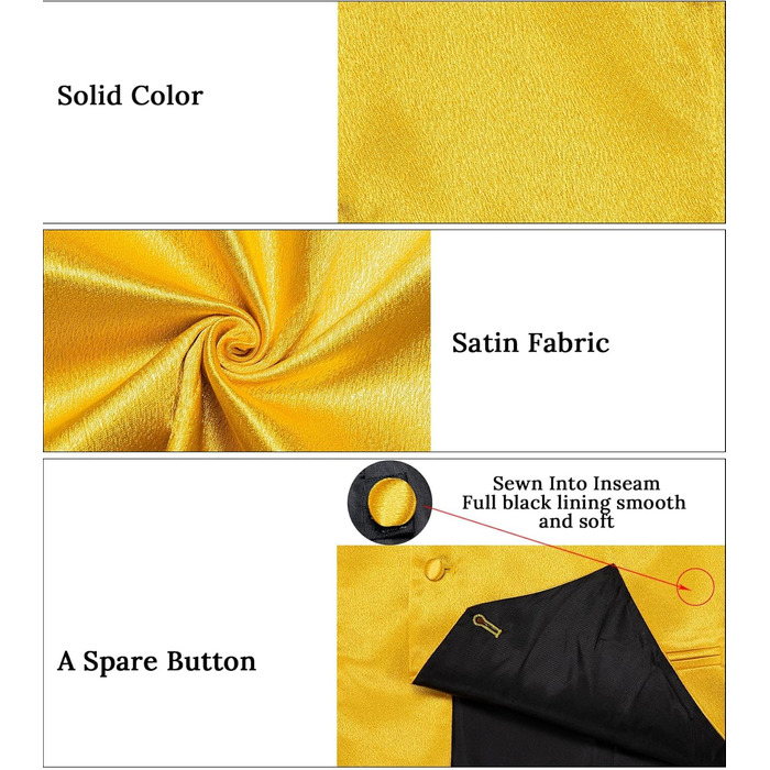 Костюм-жилет та краватка DiBanGu з атласу, 8 предметів, однотонний жилет та краватка з брошкою для смокінгу, весілля, формальних заходів (XL, жовтий)