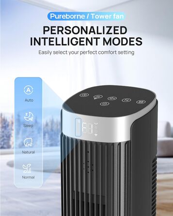 Вентилятор Pureborne Leiser: Турбо-вентилятор з осциляцією 90°, Wi-Fi, пульт, 4 режими, таймер 12 год, чорний, 102 см