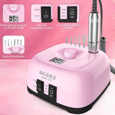 Електричний фрезер для нігтів Nailgirls 11 в 1 з педаллю, 35000 об/хв, для гель-лаку, манікюру та педикюру (Рожевий)