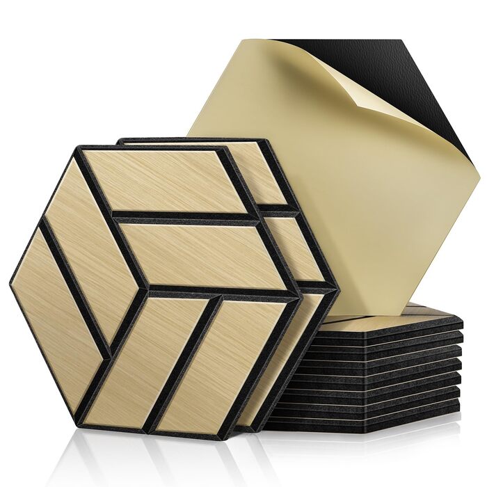 Акустичні 3D панелі JAMELO з натурального шпона дуба, самоклеючі гексагональні стінові панелі для декору стін та стелі, 30x15x1.2 см, 10 шт., натуральний колір