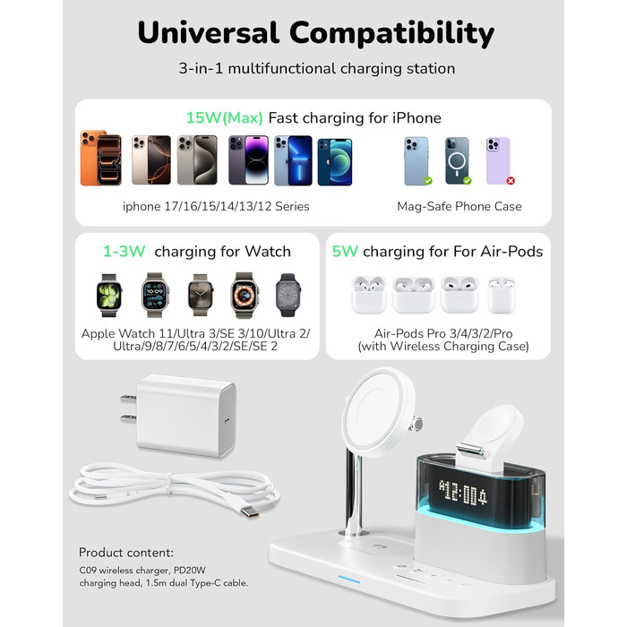 Багатофункціональна бездротова зарядка 5 в 1 з годинником для Apple iPhone, Apple Watch, AirPods (біла)