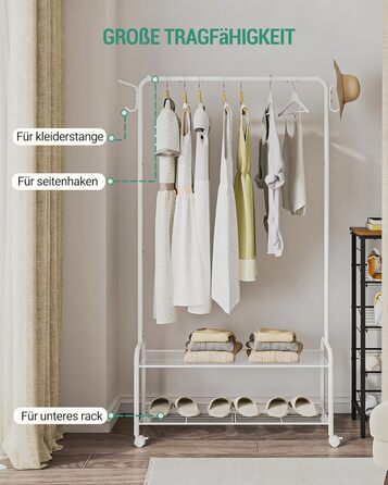 Clothes rack with 2-tier shelf, 3-in-1 design, clothes stand with 4 wheels, coat rack with 4 hooks for bags, GR07499A (White)