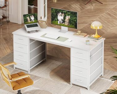 Комп'ютерний стіл Coleshome з 8 висувними ящиками з тканини, 140x48 см, білий. Зберігання, для офісу, дому, ігровий стіл.